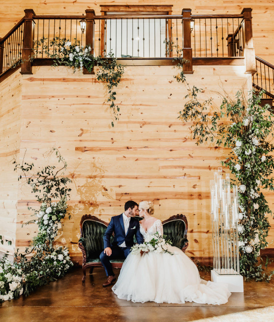 Maggie Sottero dress at Blush Bridal.  The Carolina Barn at McCormick Farms.  The Poppy Shop bridal jewelry and RETRO Hair & Make up. Flowers by Specialties Events & Florals.  Loveseat by Greenhouse Picker Sisters