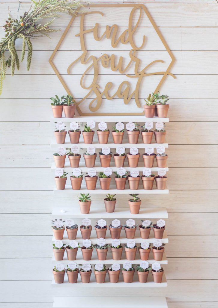 Escort seating. succulents. terra cotta pots. seating chart. find your seat